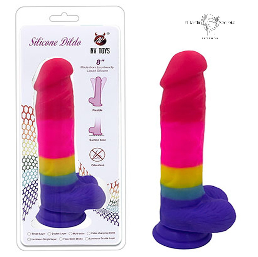 Dildo Arcoíris 20cm con chupón en la base compatible con arnés 1 Dildo Arcoíris 20cm con chupón en la base compatible con arnés