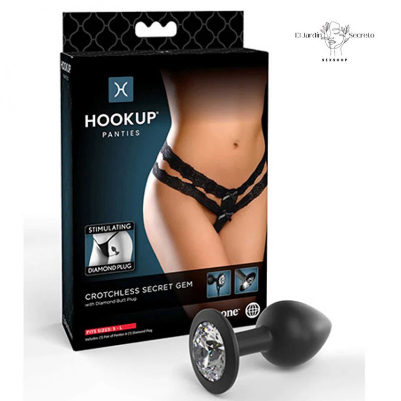 Tanga Negra con Plug Anal Diamante S-L Crotchless Secret Gem Pipedream