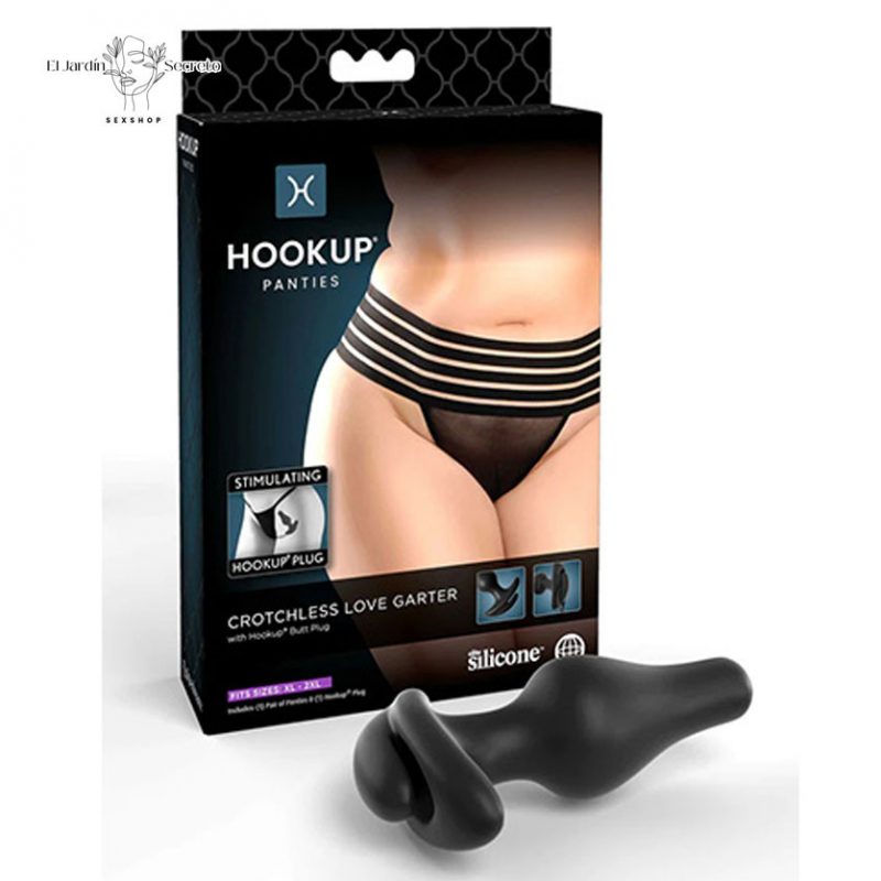Panty Negra con Plug Anal Hookup XL-XXL Crotchless Love Garter