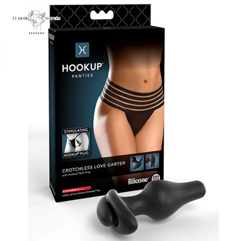 Panty Negra con Plug Anal Hookup S-L Crotchless Love Garter