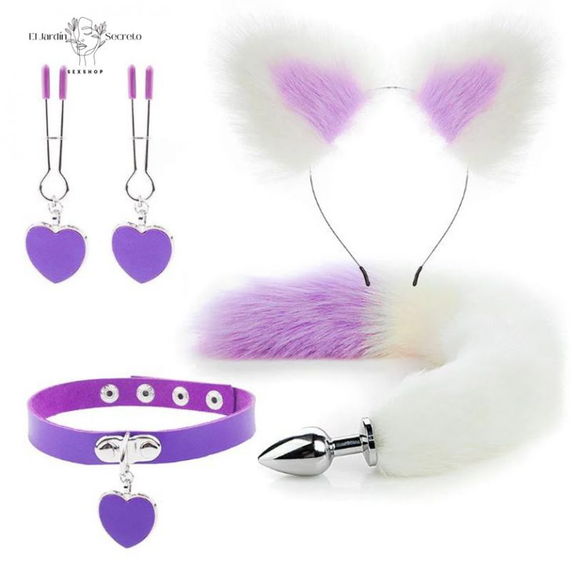 Kit Plug Anal Zorro B/M Diadema Gargantilla y Pinzas para pezones BDSM