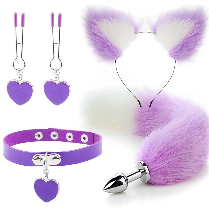 Kit Plug Anal Zorro M/B Diadema Gargantilla y Pinzas para pezones BDSM