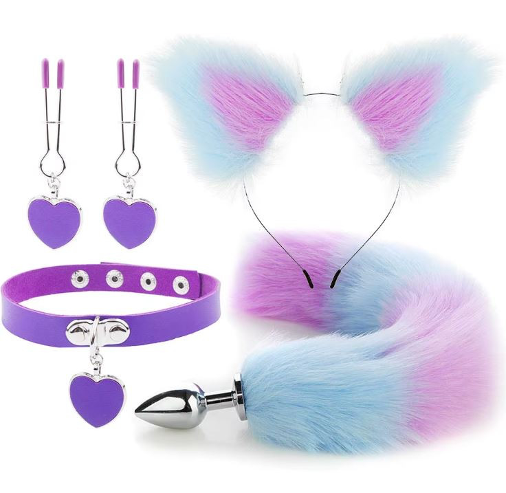 Kit Plug Anal Zorro A/R Diadema Gargantilla y Pinzas para pezones BDSM