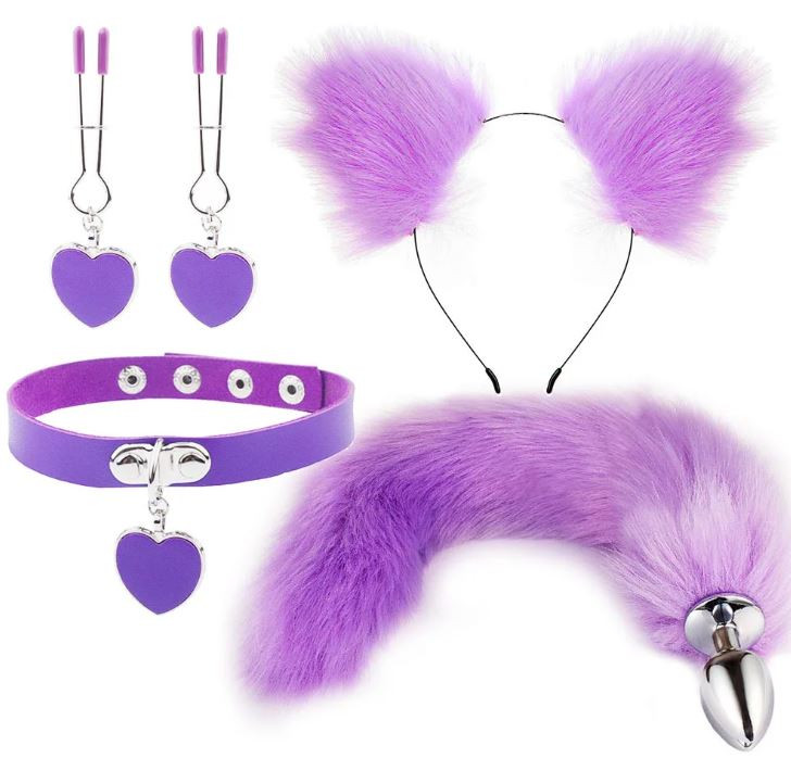 Kit Plug Anal Zorro Morado Diadema Gargantilla y Pinzas para pezones BDSM