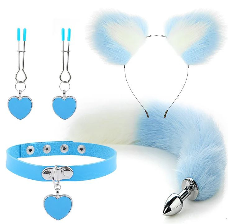 Home 21 Kit Plug Anal Zorro A/B Diadema Gargantilla y Pinzas para pezones BDSM