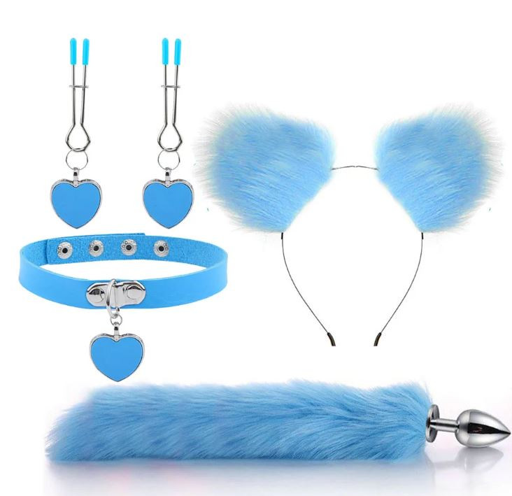 Kit Plug Anal Zorro Azul Diadema Gargantilla y Pinzas para pezones BDSM