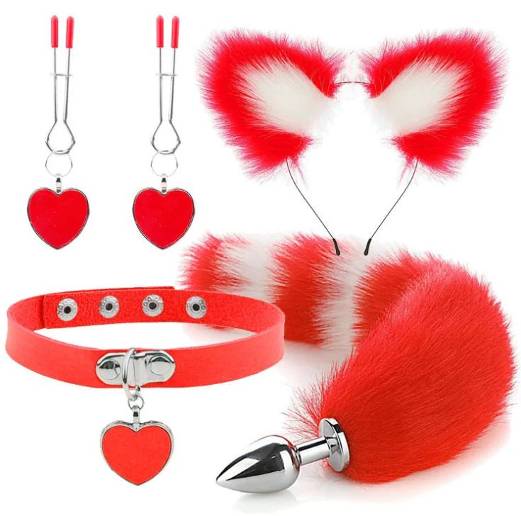 Kit Plug Anal Zorro R/B Diadema Gargantilla y Pinzas para pezones BDSM