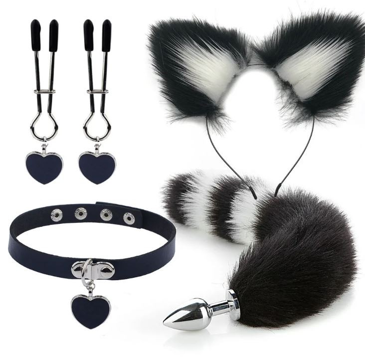 Kit Plug Anal Zorro N/B Diadema Gargantilla y Pinzas para pezones BDSM