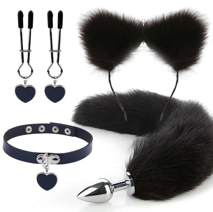 Kit Plug Anal Zorro Negro Diadema Gargantilla y Pinzas para pezones BDSM