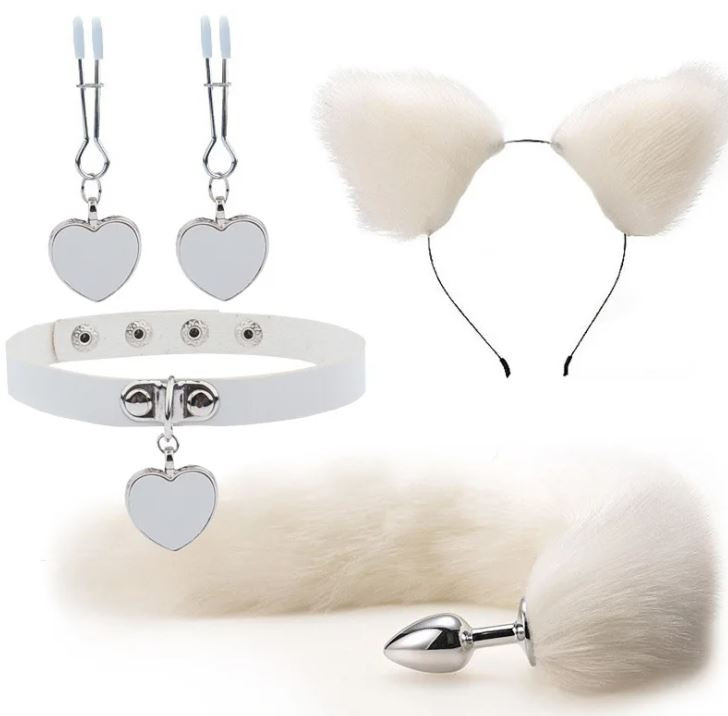 Kit Plug Anal Zorro Blanco Diadema Gargantilla y Pinzas para pezones BDSM