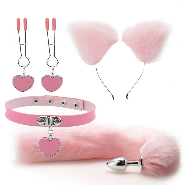Kit Plug Anal Zorro Rosa Diadema Gargantilla y Pinzas para pezones BDSM