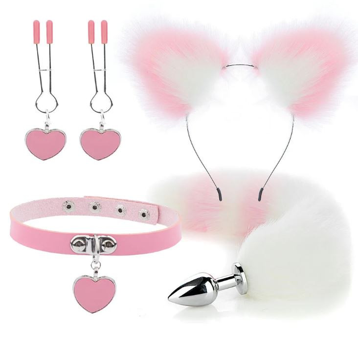 Kit Plug Anal Zorro R/B Diadema Gargantilla y Pinzas para pezones BDSM