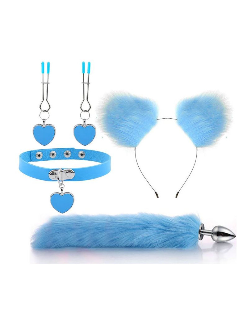 Kit Plug Anal Zorro Azul Diadema Gargantilla y Pinzas para pezones BDSM 3 kit plug anal zorro azul diadema gargantilla y pinzas para pezones bdsm