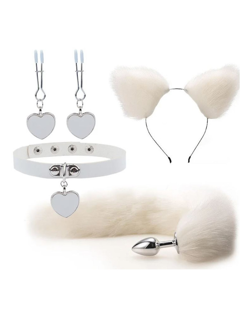 Kit Plug Anal Zorro Blanco Diadema Gargantilla y Pinzas para pezones BDSM 3 kit plug anal zorro blanco diadema gargantilla y pinzas para pezones bdsm