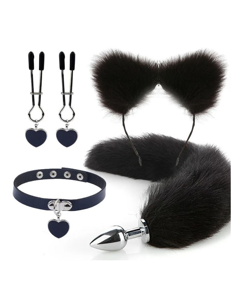 Kit Plug Anal Zorro Negro Diadema Gargantilla y Pinzas para pezones BDSM 3 kit plug anal zorro negro diadema gargantilla y pinzas para pezones bdsm