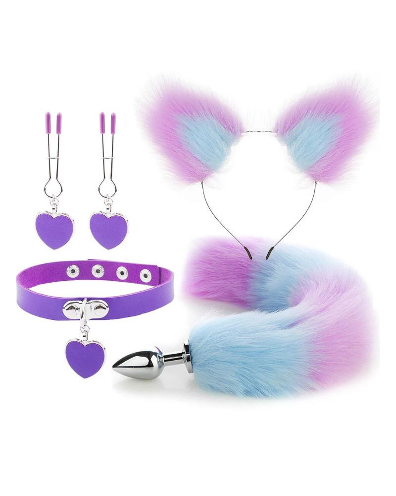 kit plug anal zorro r a diadema gargantilla y pinzas para pezones bdsm