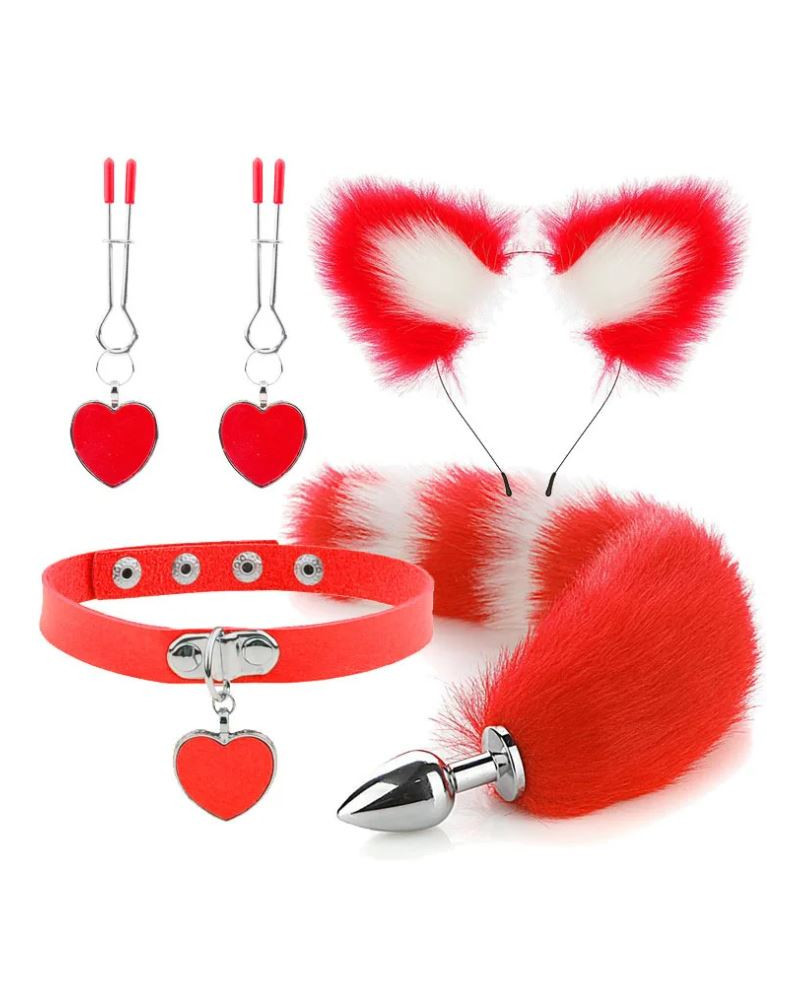 kit plug anal zorro r b diadema gargantilla y pinzas para pezones bdsm