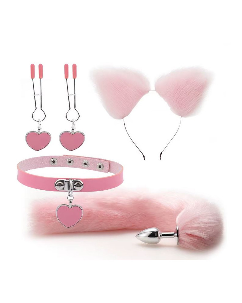 kit plug anal zorro rosa diadema gargantilla y pinzas para pezones bdsm